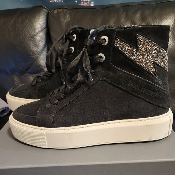 Zadig and Voltaire High Flash Chunky Platform High Top Black Suede Sneakers 38 - Picture 2 of 8